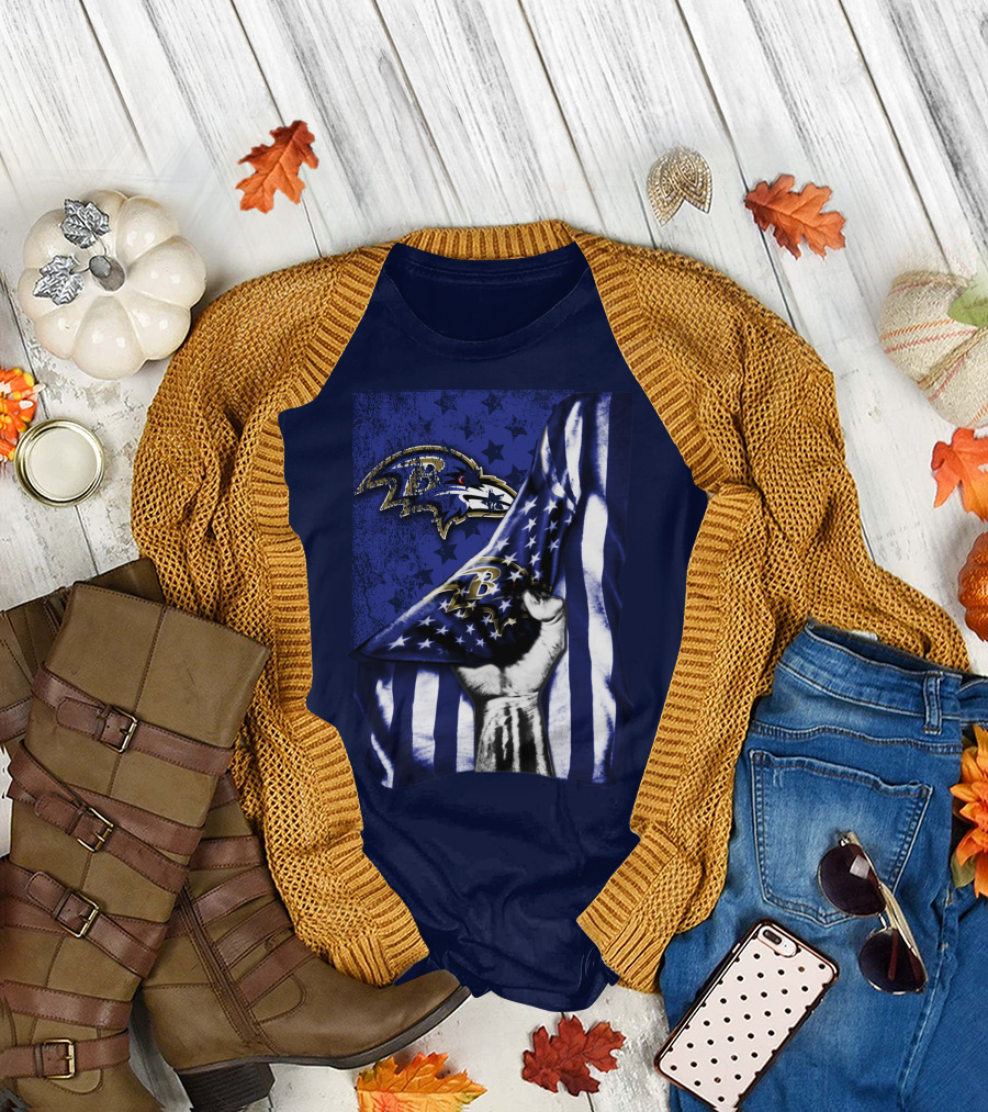 Fist Holding American Flag with Baltimore Ravens Logo and Stars T-Shirt