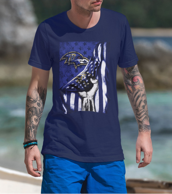 Fist Holding American Flag With Baltimore Ravens Logo And Stars T-Shirt