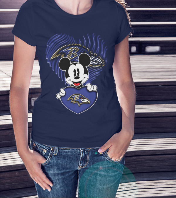 Mick Mouse Baltimore Ravens Heart Logo Fan T-Shirt