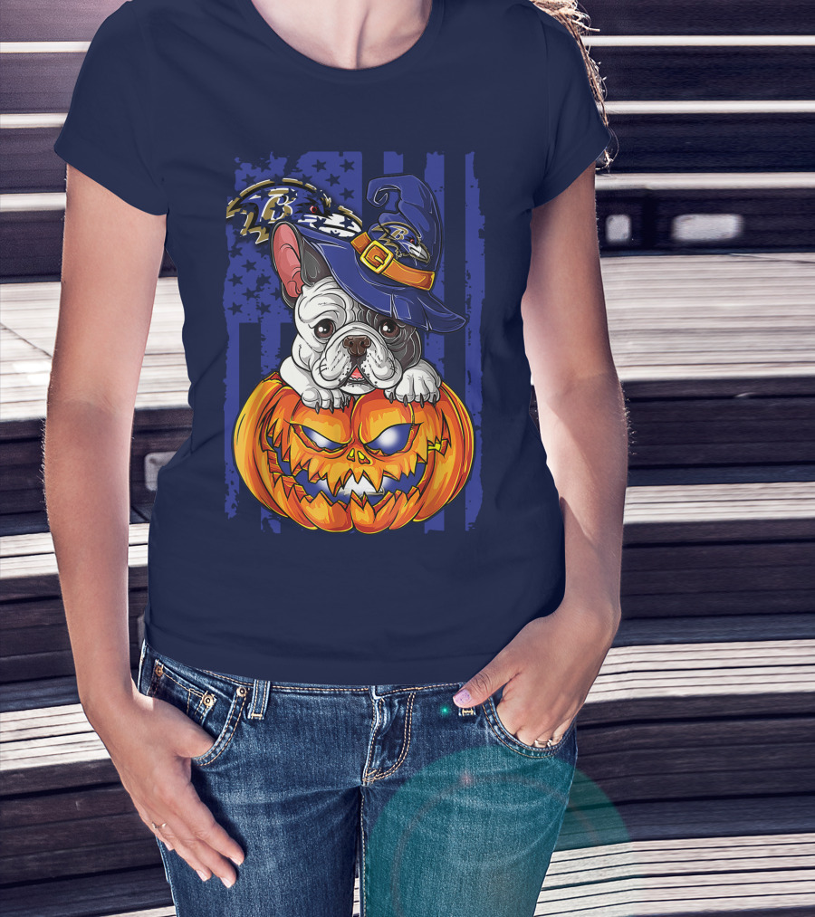 Bulldog In Wizard Hat On Jack-o'-Lantern With Baltimore Ravens T-Shirt