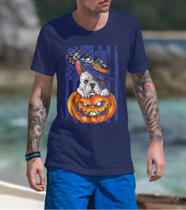 Bulldog In Wizard Hat On Jack-o'-Lantern With Baltimore Ravens T-Shirt