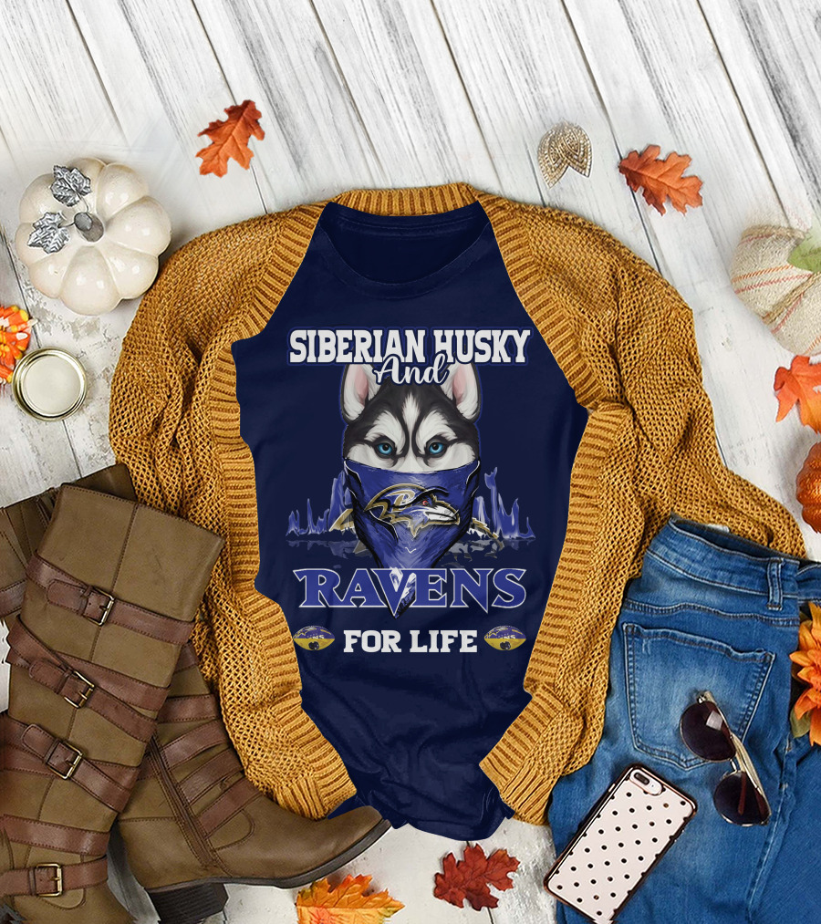 Siberian Husky and Ravens for Life Baltimore T-Shirt