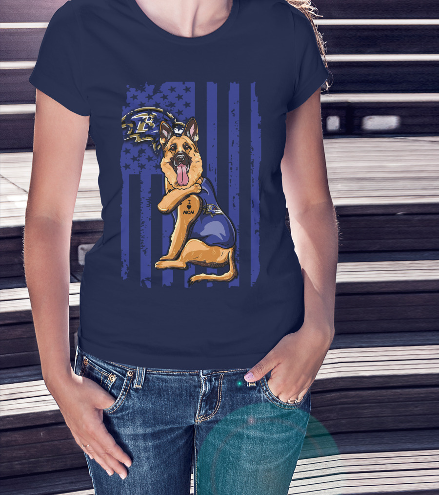 German Shepherd Illustrated With Baltimore Ravens NFL Symbol And I Love Mom Tattoo T-Shirt
