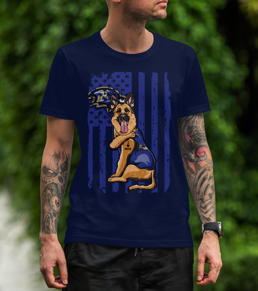 German Shepherd Illustrated With Baltimore Ravens NFL Symbol And I Love Mom Tattoo T-Shirt