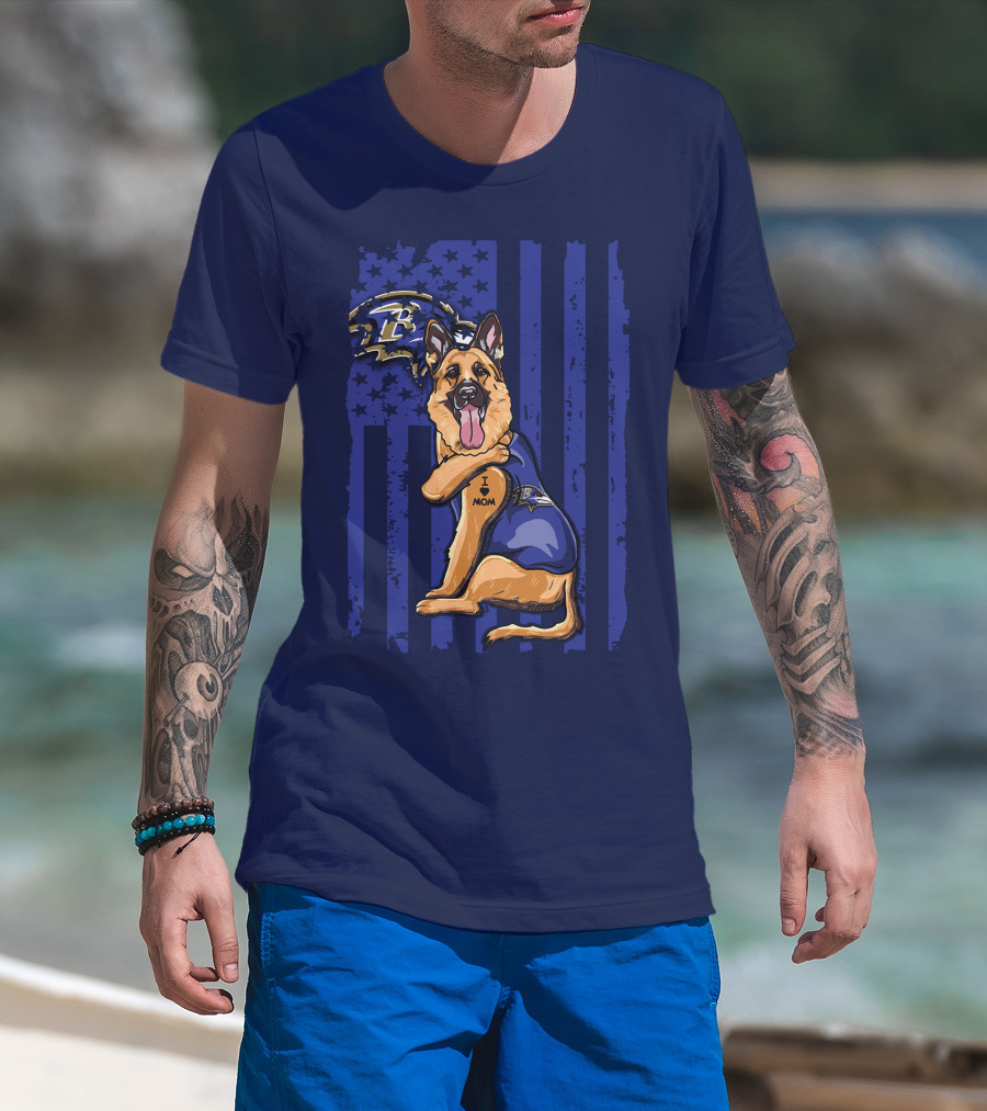 German Shepherd Illustrated With Baltimore Ravens NFL Symbol And I Love Mom Tattoo T-Shirt