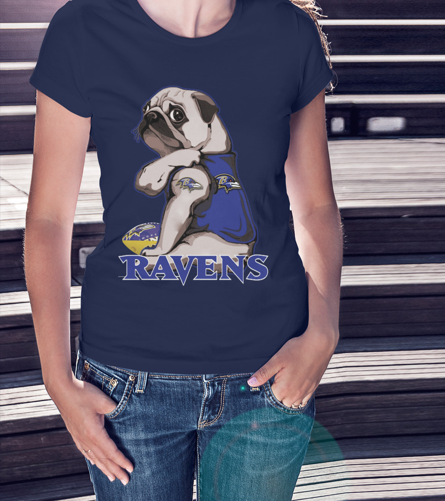 Pug Wearing Baltimore Ravens Football Jersey With Ravens Logo And Football T-Shirt
