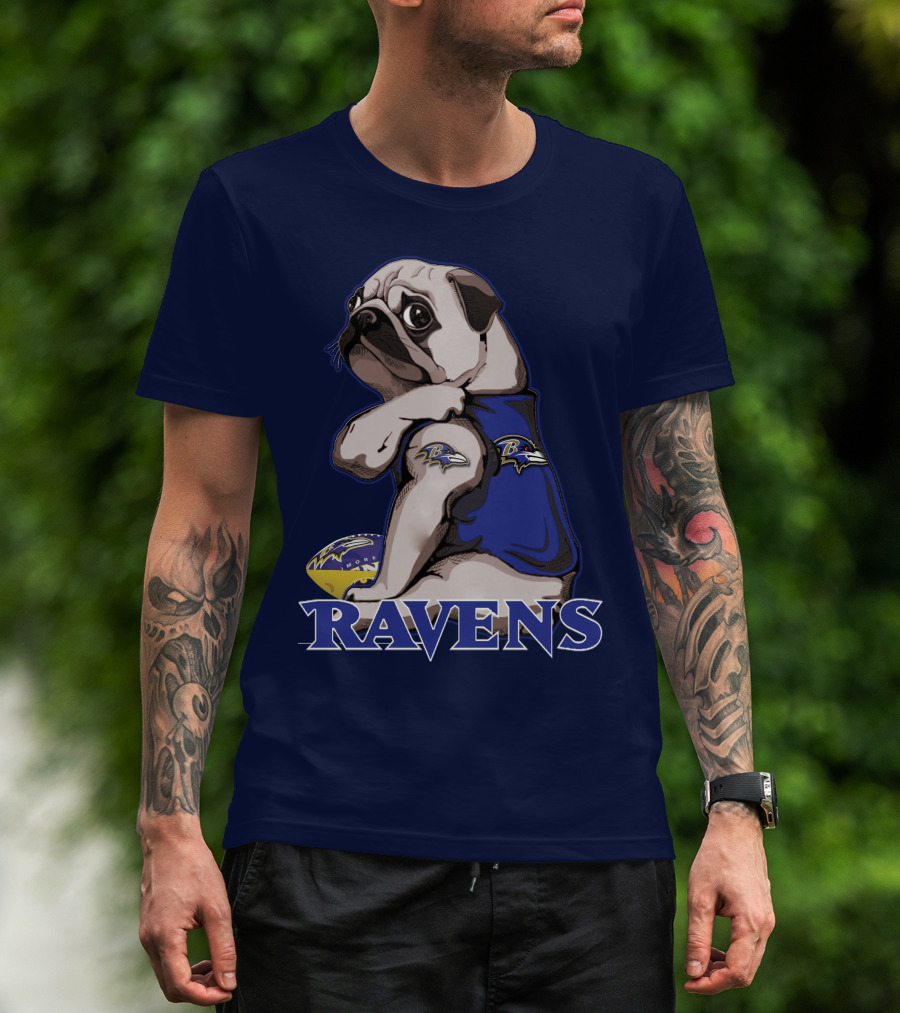 Pug Wearing Baltimore Ravens Football Jersey With Ravens Logo And Football T-Shirt