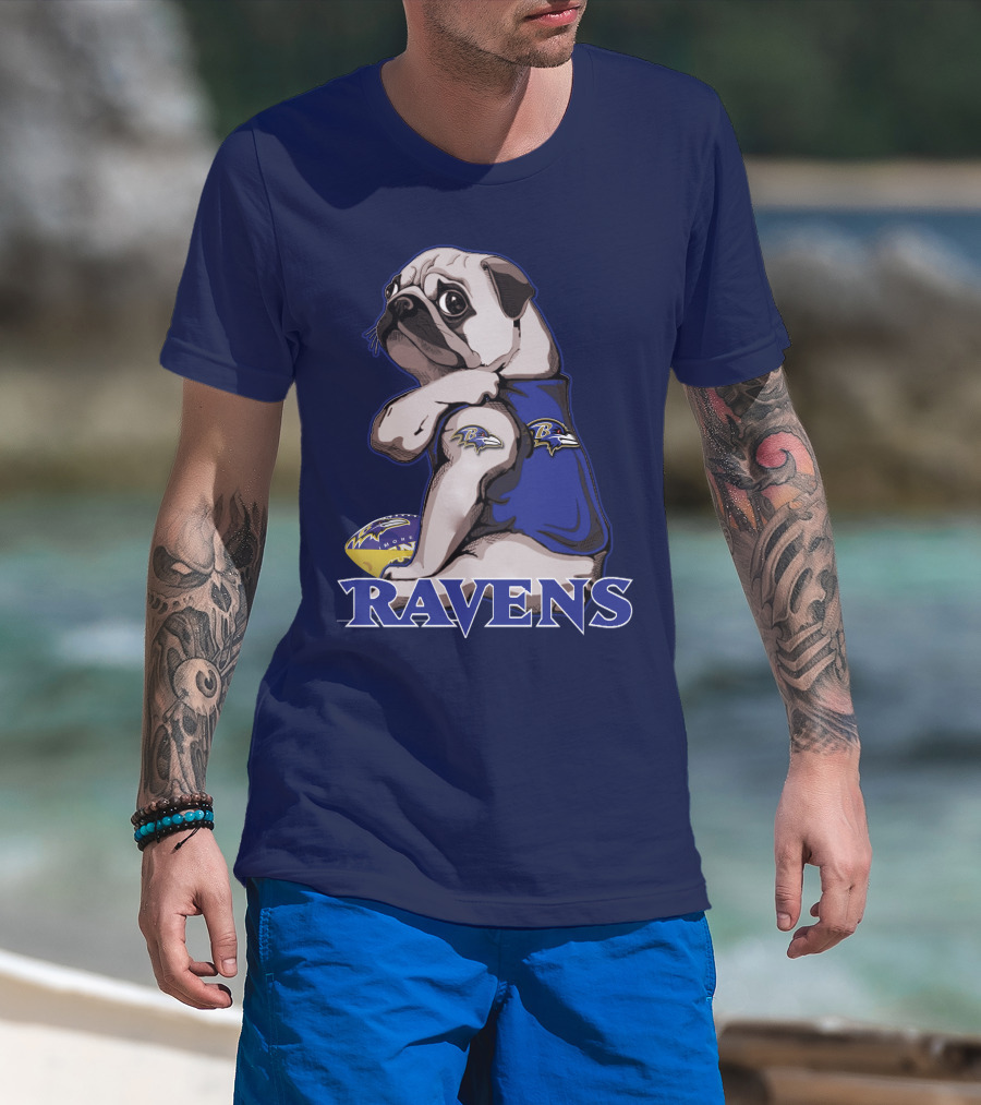 Pug Wearing Baltimore Ravens Football Jersey With Ravens Logo And Football T-Shirt