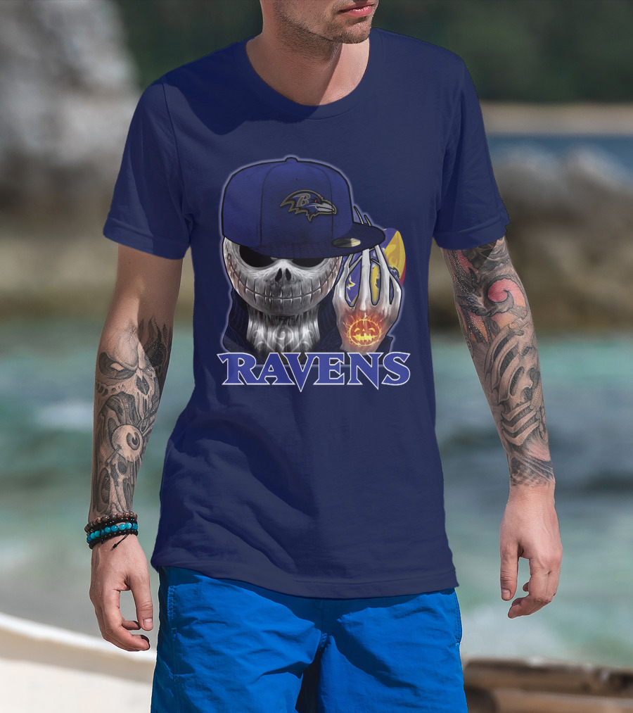 Jackskull Ravens Baltimore Football Logo And Pumpkin T-Shirt