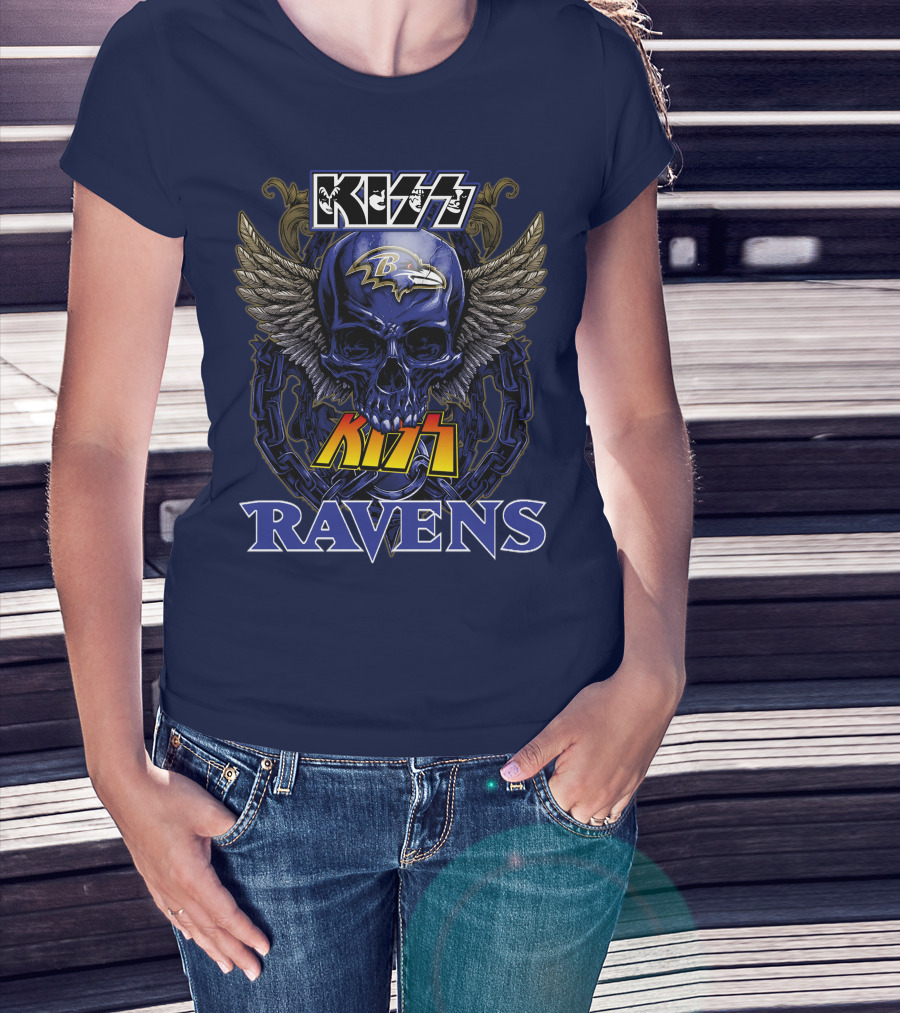 Kiss Ravens Baltimore Football Skull Wings T-Shirt