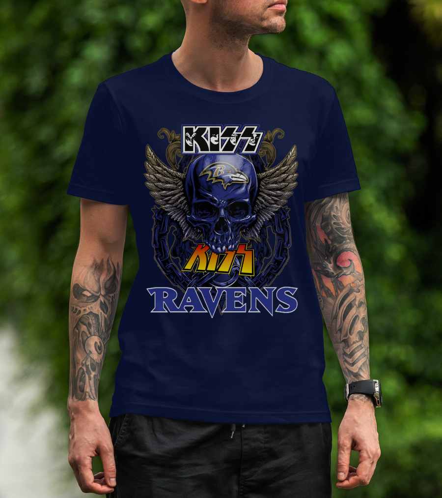 Kiss Ravens Baltimore Football Skull Wings T-Shirt
