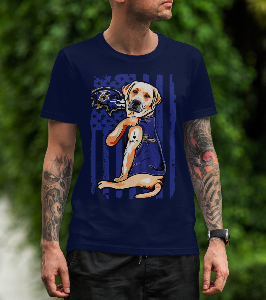Labrador Retriever I Love Mom Baltimore Ravens Fan Dog With Tattoo And Team T-Shirt