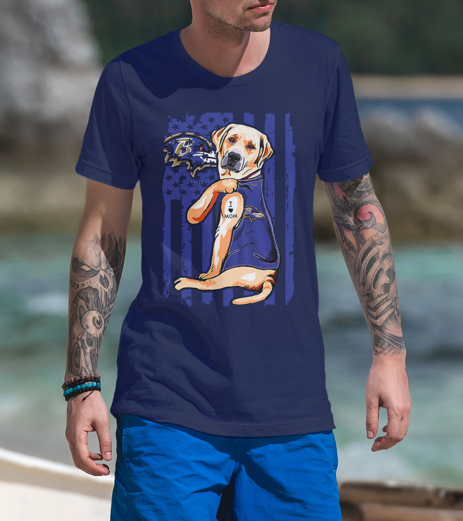 Labrador Retriever I Love Mom Baltimore Ravens Fan Dog With Tattoo And Team T-Shirt