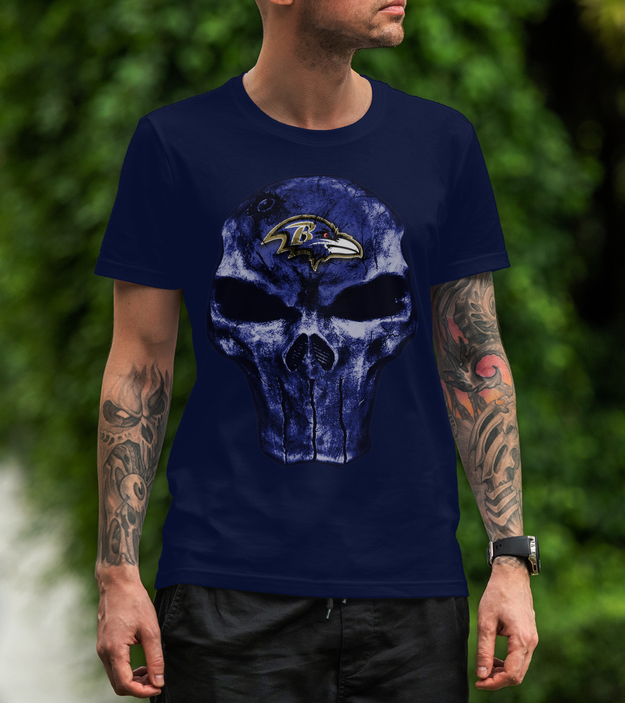 Skull Baltimore Ravens Logo Blue Skull T-Shirt