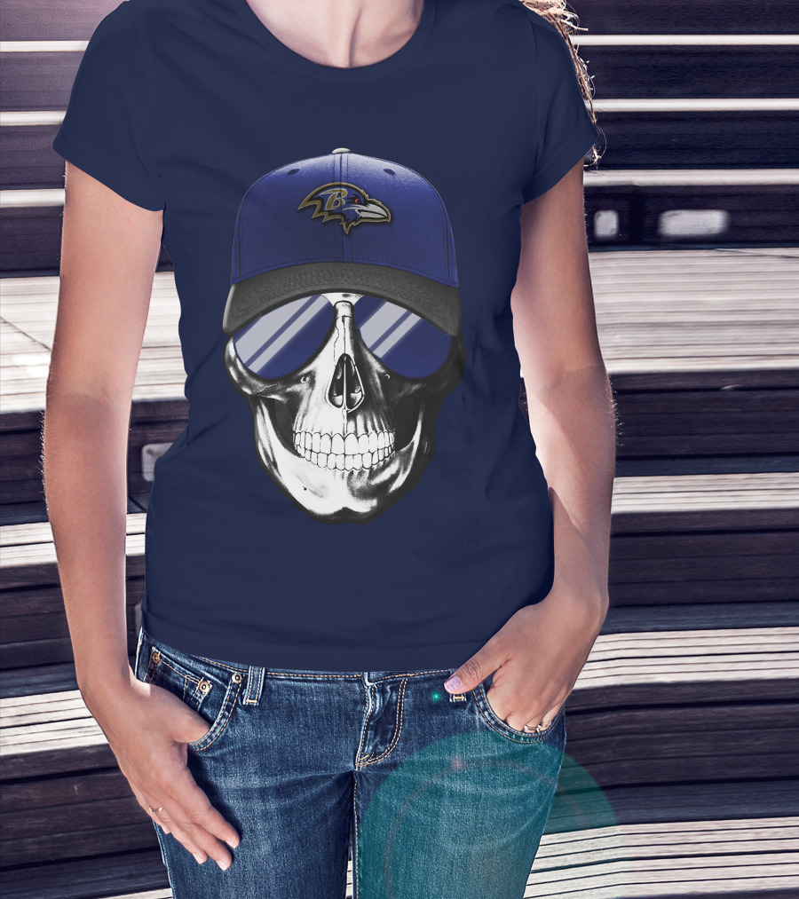 Skull With Baltimore Ravens Cap And Sunglasses T-Shirt