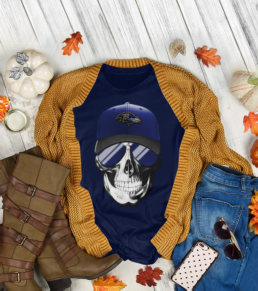 Skull With Baltimore Ravens Cap And Sunglasses T-Shirt