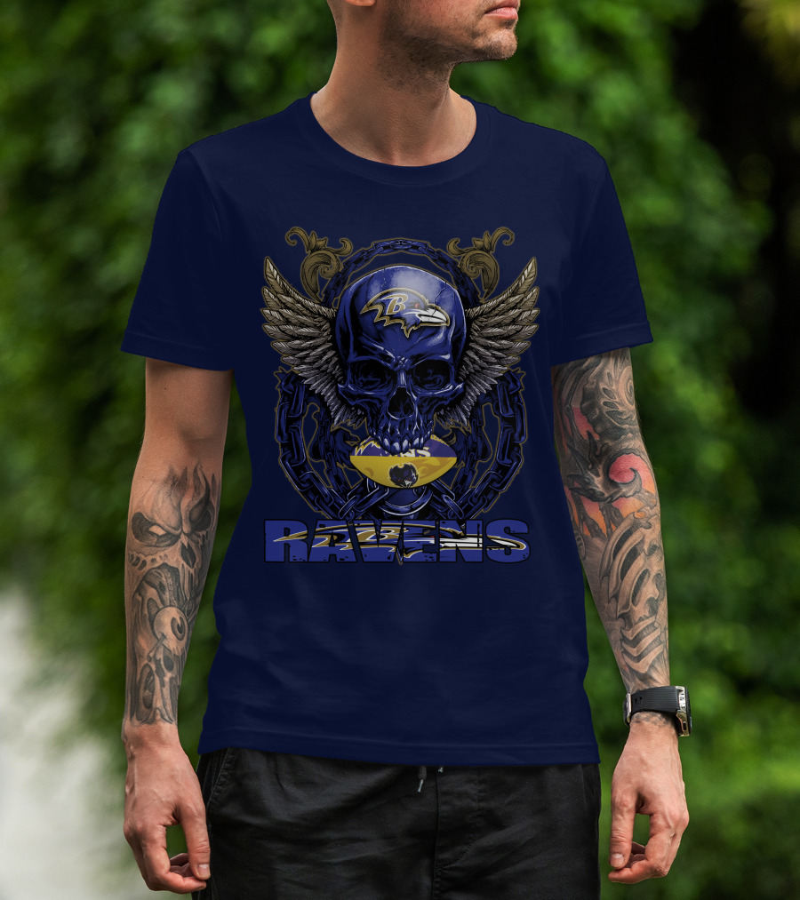 Baltimore Ravens Skull With Wings And Chain T-Shirt