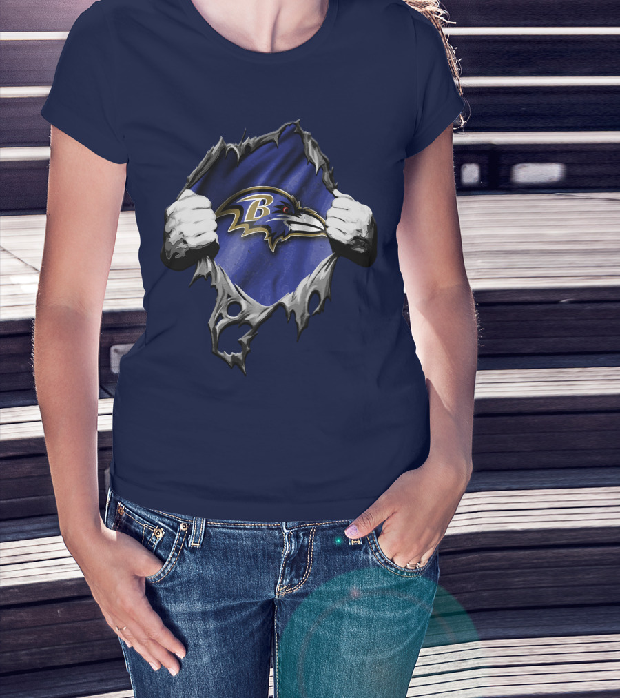 Torn V2 Baltimore Ravens Logo With Ripping Hands On Blue T-Shirt
