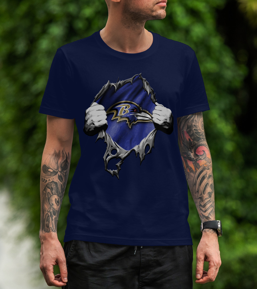 Torn V2 Baltimore Ravens Logo With Ripping Hands On Blue T-Shirt