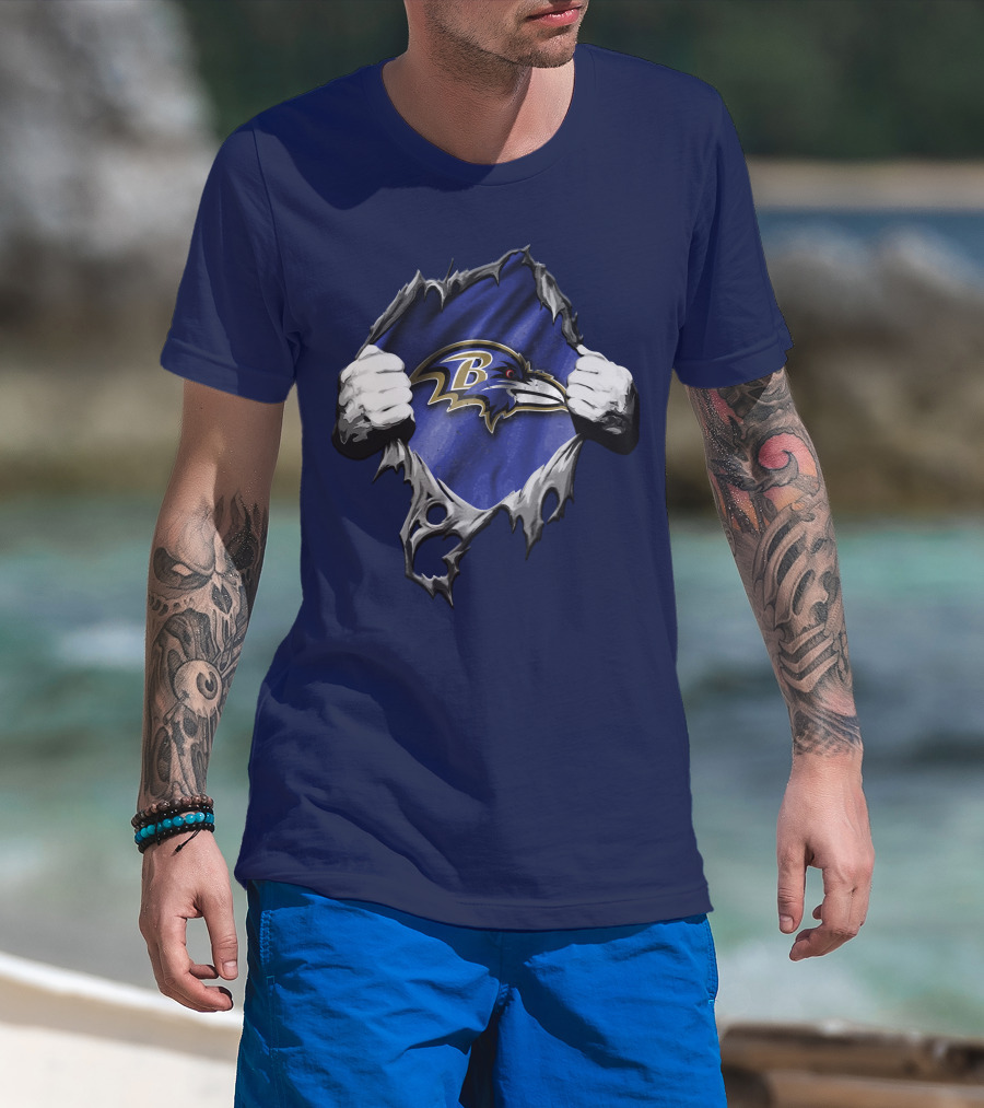 Torn V2 Baltimore Ravens Logo With Ripping Hands On Blue T-Shirt