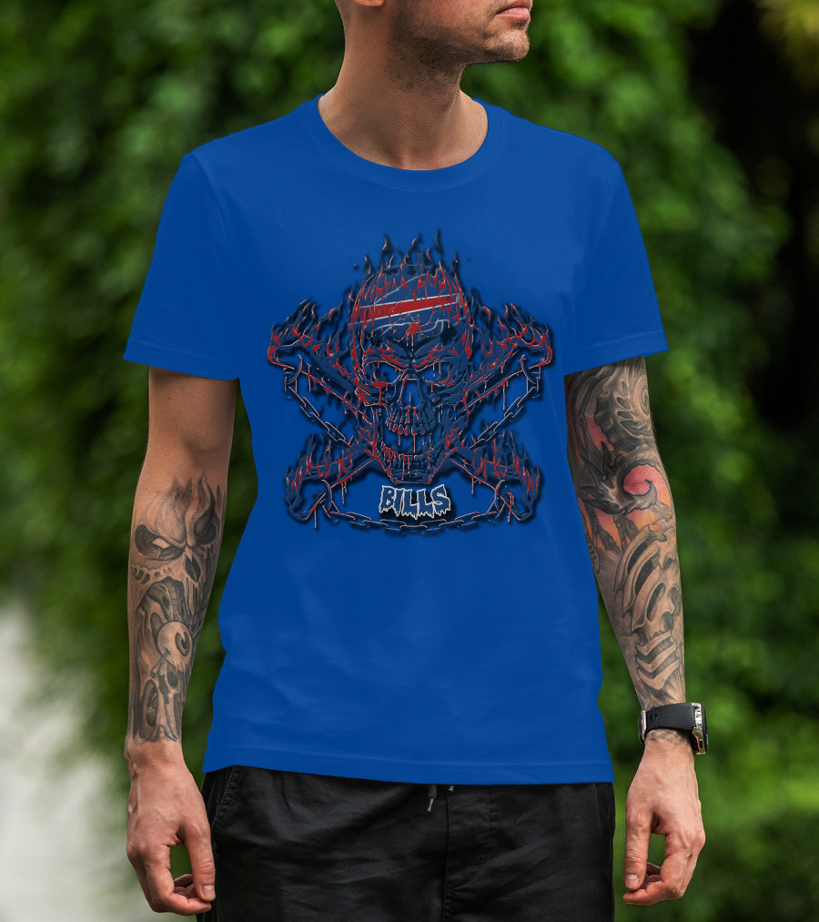 Buffalo Bills Flaming Skull Crossbones T-Shirt