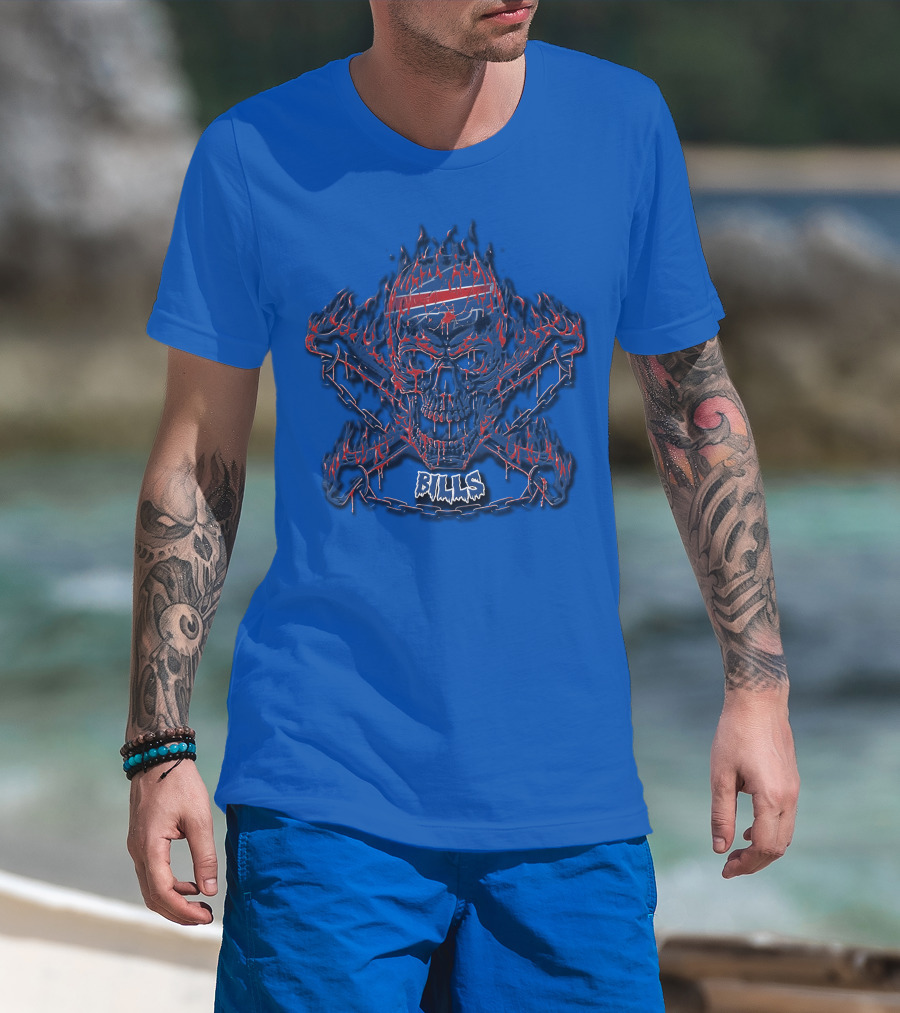 Buffalo Bills Flaming Skull Crossbones T-Shirt