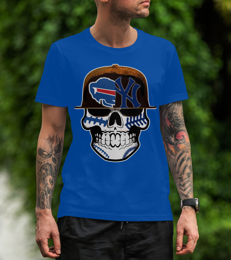 Buffalo Bills 75 Skull Design With Split Logo Yankees Cap T-Shirt