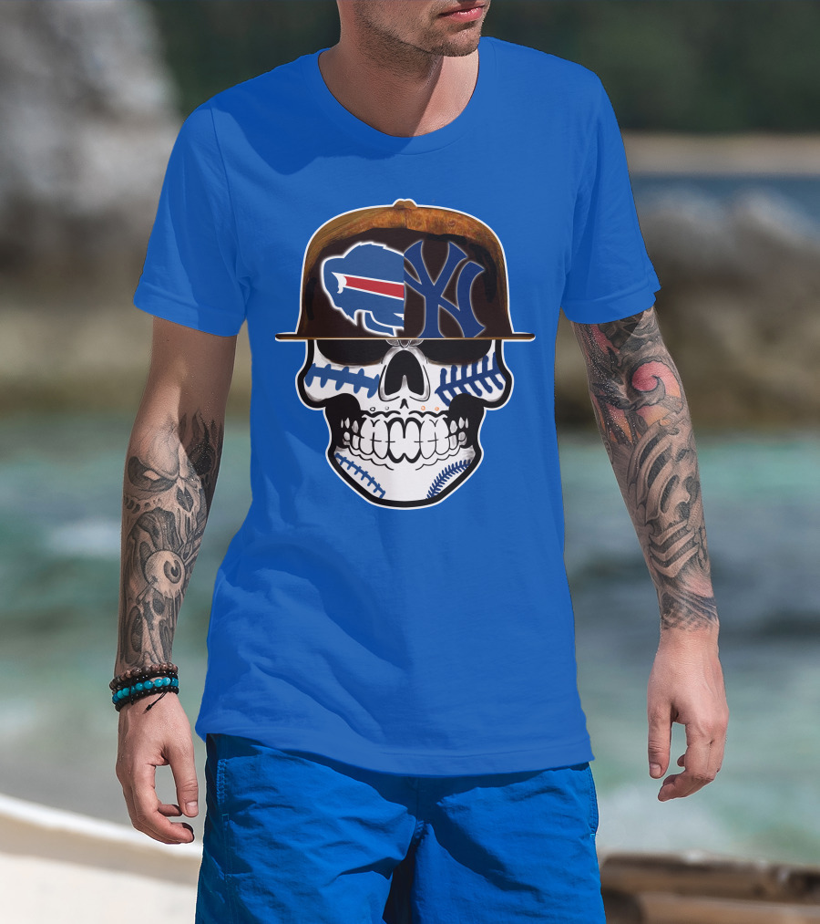 Buffalo Bills 75 Skull Design With Split Logo Yankees Cap T-Shirt
