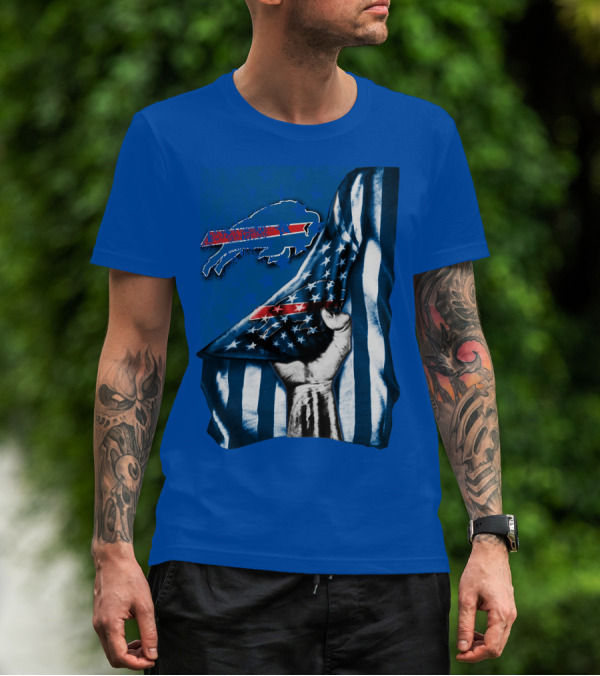 Buffalo Bills American Flag Blue Stripes Football Fan Fist T-Shirt