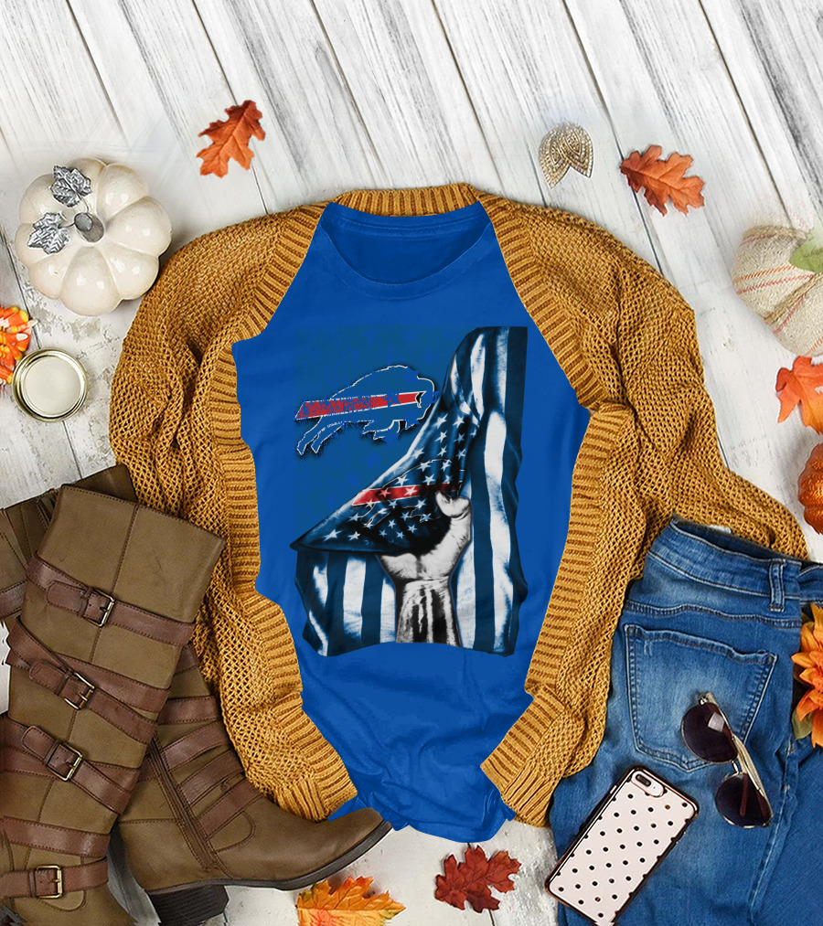 Buffalo Bills American Flag Blue Stripes Football Fan Fist T-Shirt