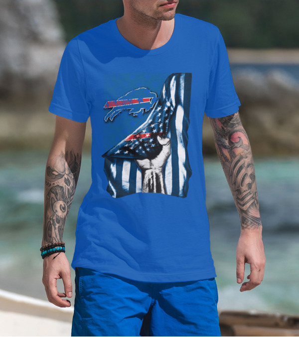Buffalo Bills American Flag Blue Stripes Football Fan Fist T-Shirt