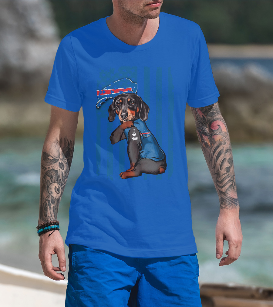 Dachshund Wearing Buffalo Bills Gear I Love Mom T-Shirt