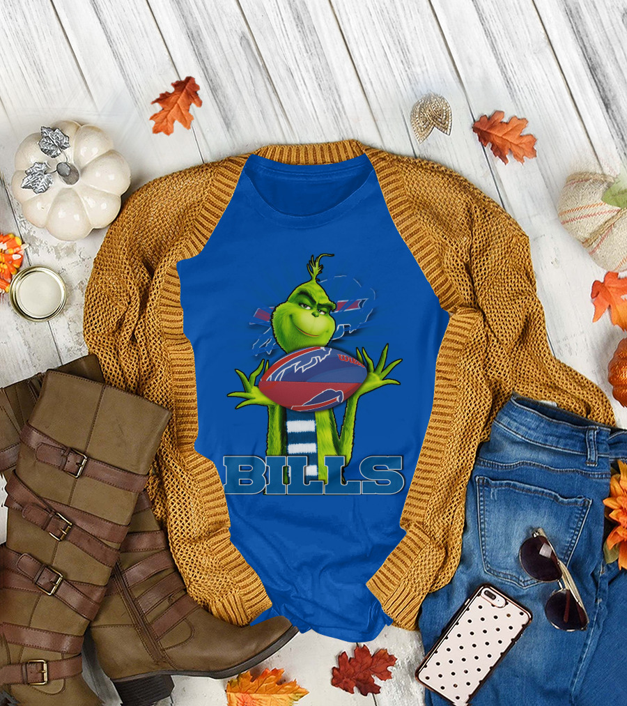 Grinch Holding Football with Buffalo Bills T-Shirt