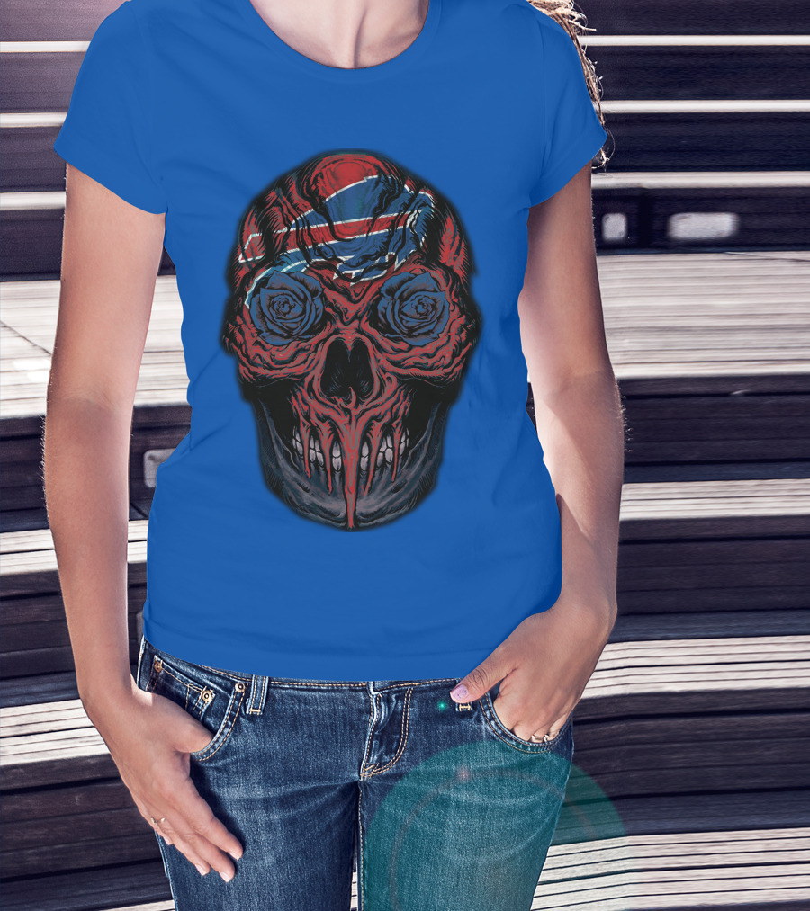 Buffalo Bills 34 Skull With Blue And Red Rose Eyes On Blue T-Shirt