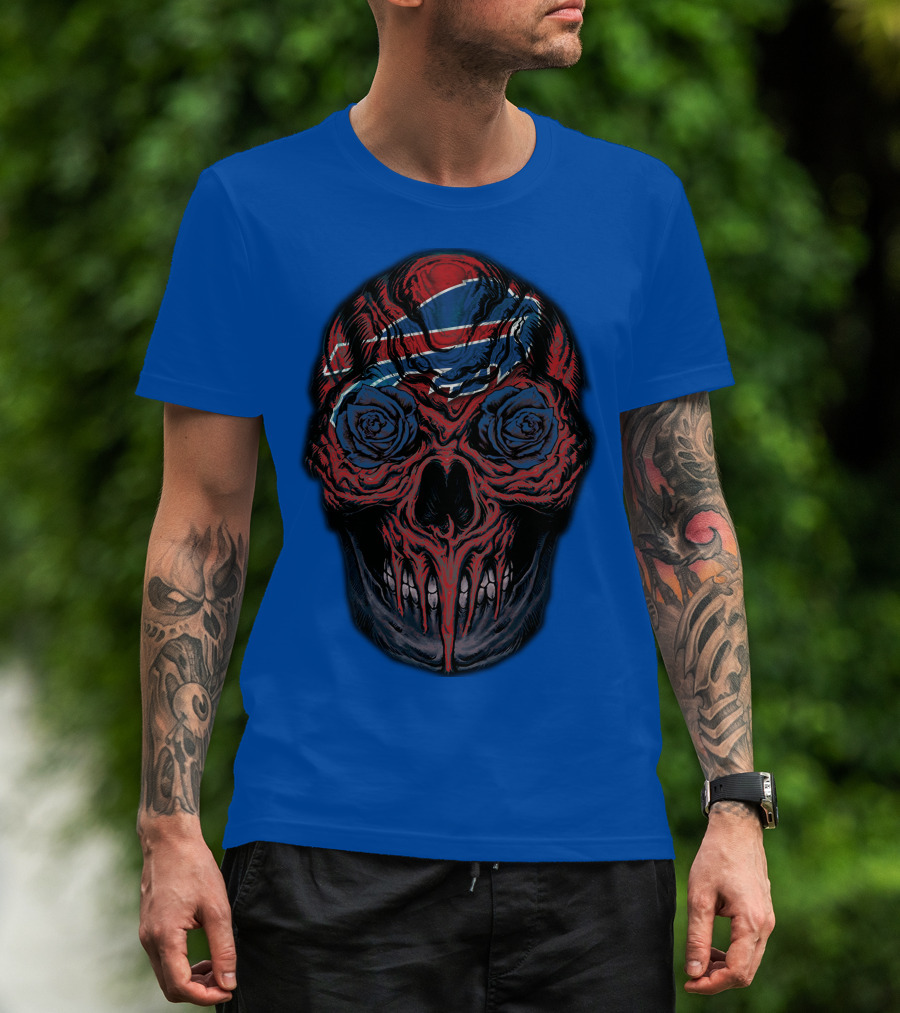 Buffalo Bills 34 Skull With Blue And Red Rose Eyes On Blue T-Shirt
