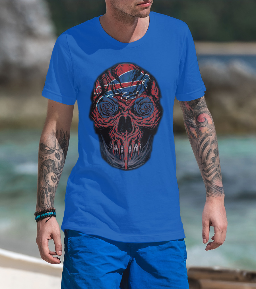 Buffalo Bills 34 Skull With Blue And Red Rose Eyes On Blue T-Shirt