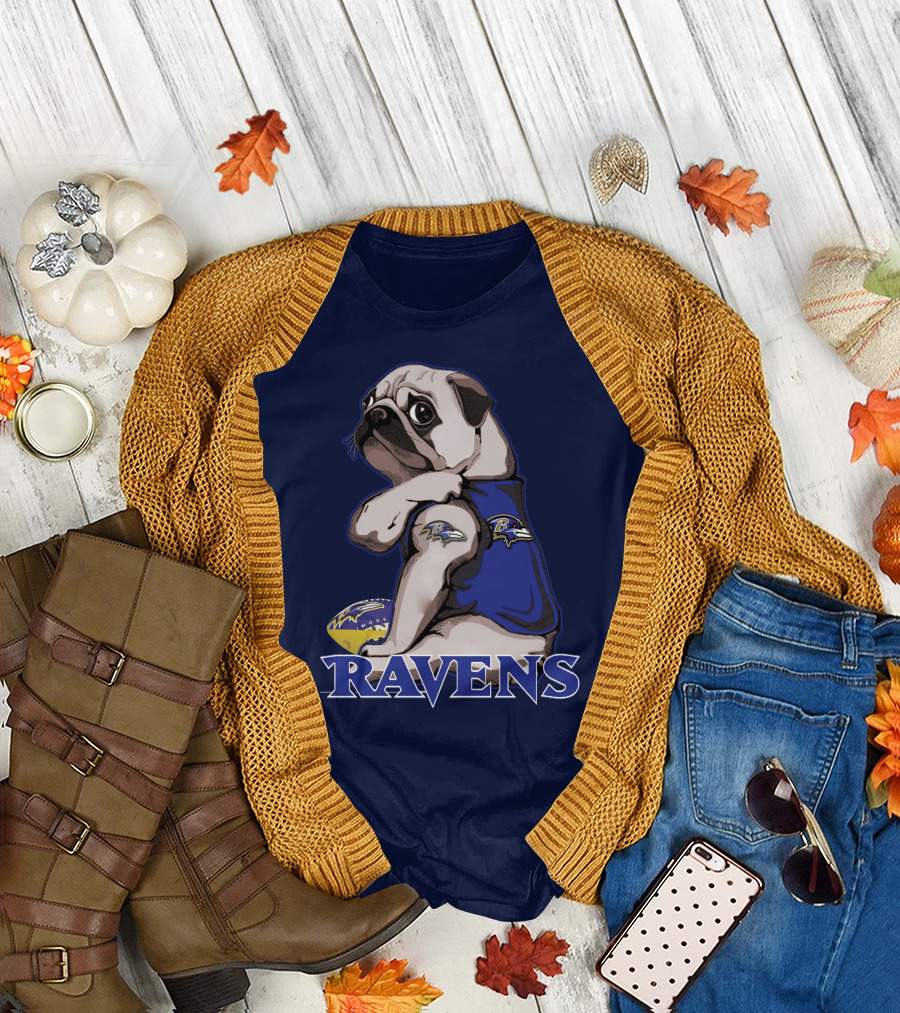 Pug Wearing Baltimore Ravens Gear With Logo And Football T-Shirt