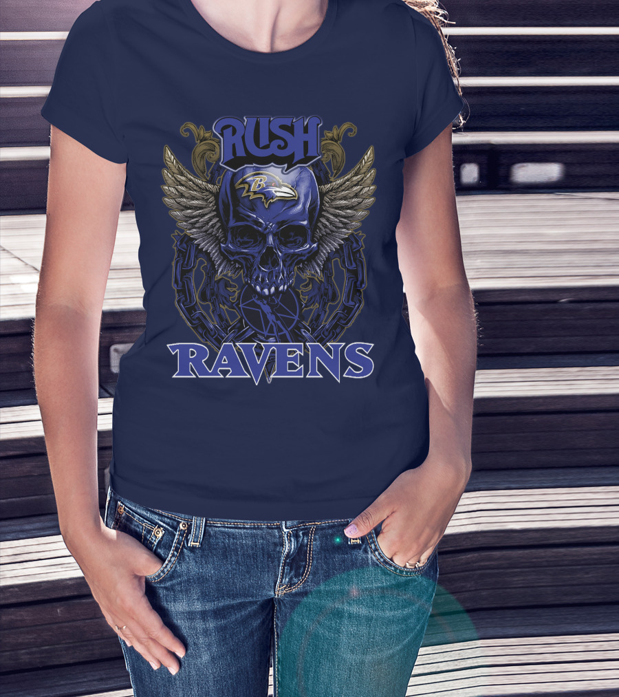 Rush Ravens Baltimore Football Skull Wings T-Shirt