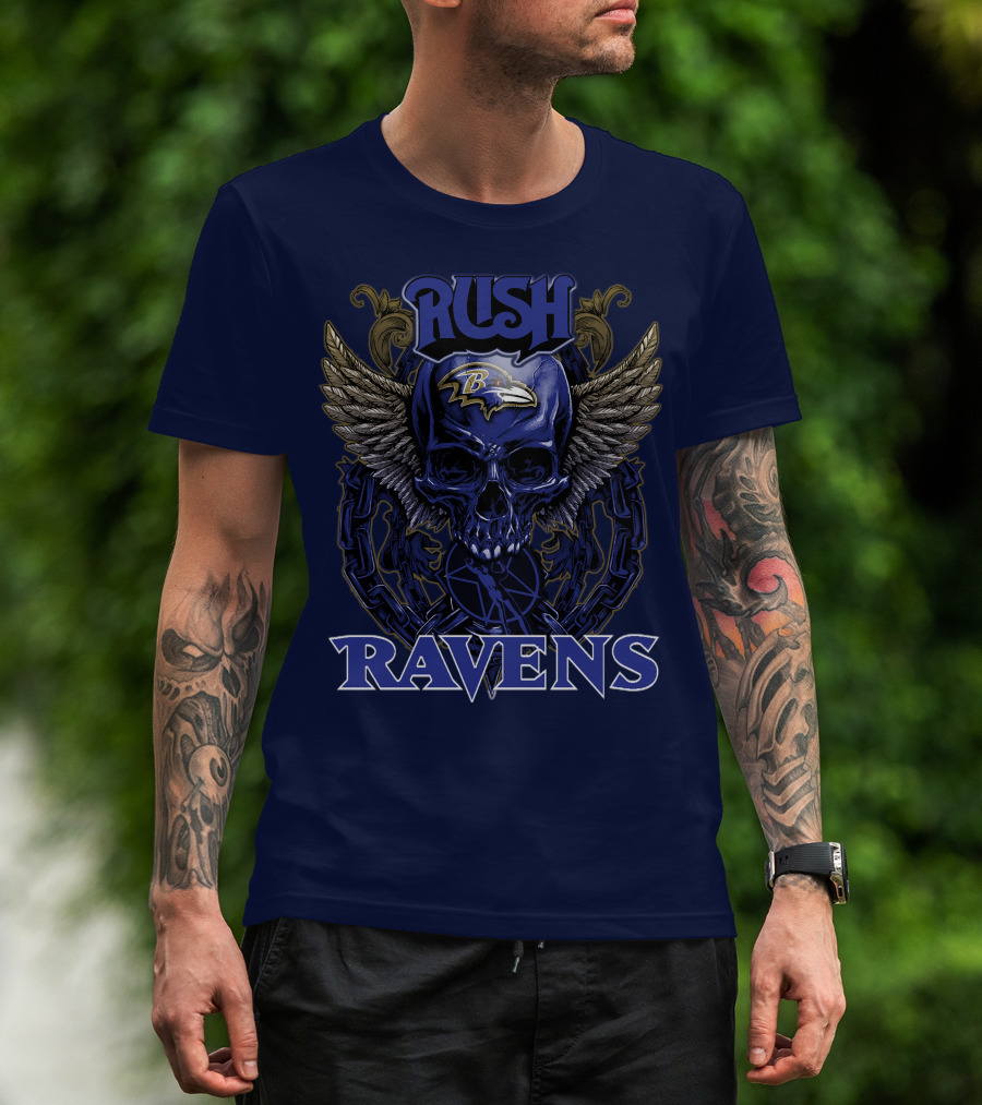 Rush Ravens Baltimore Football Skull Wings T-Shirt