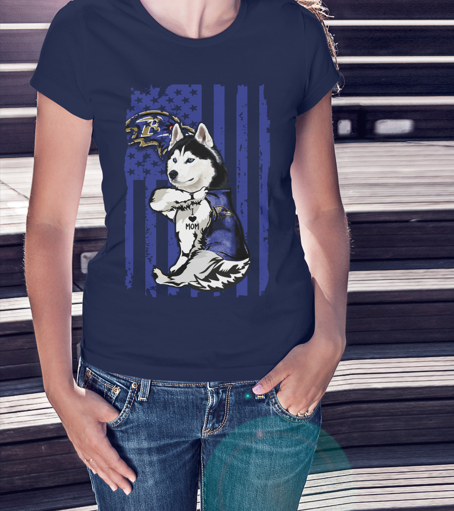 Siberian Husky Baltimore Ravens Mom Stars And Stripes T-Shirt