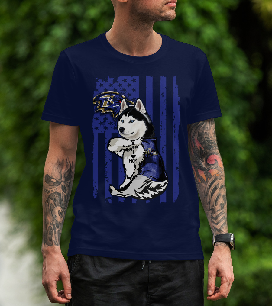 Siberian Husky Baltimore Ravens Mom Stars And Stripes T-Shirt