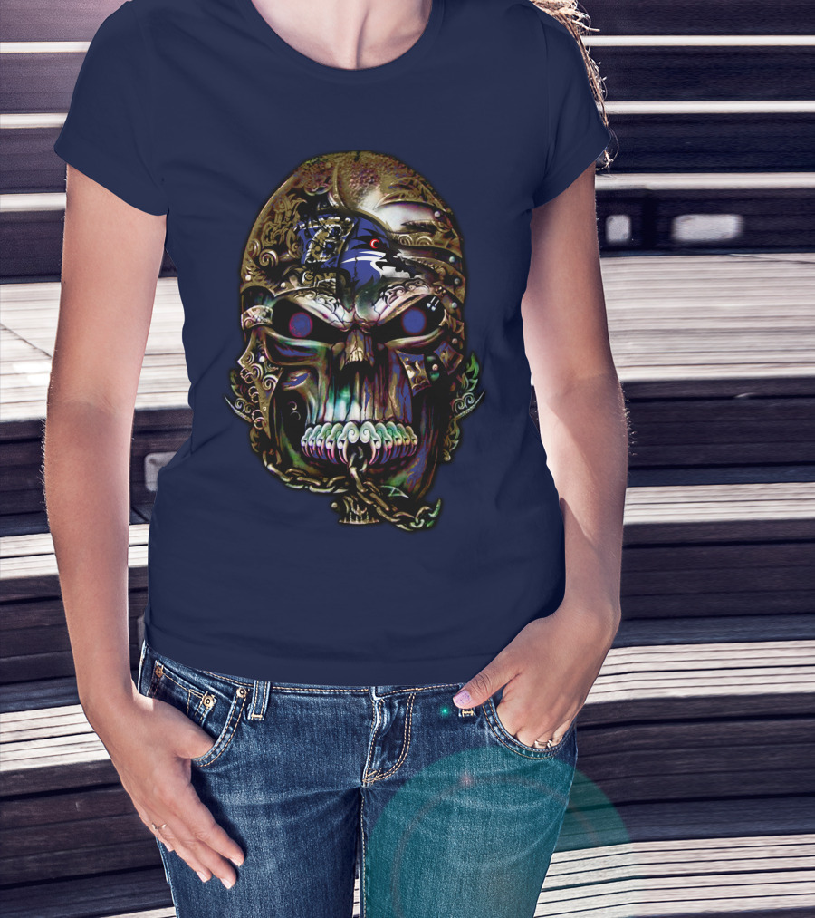 Baltimore Ravens 70 Skull Design With Ravens Logo And Metallic Elements T-Shirt