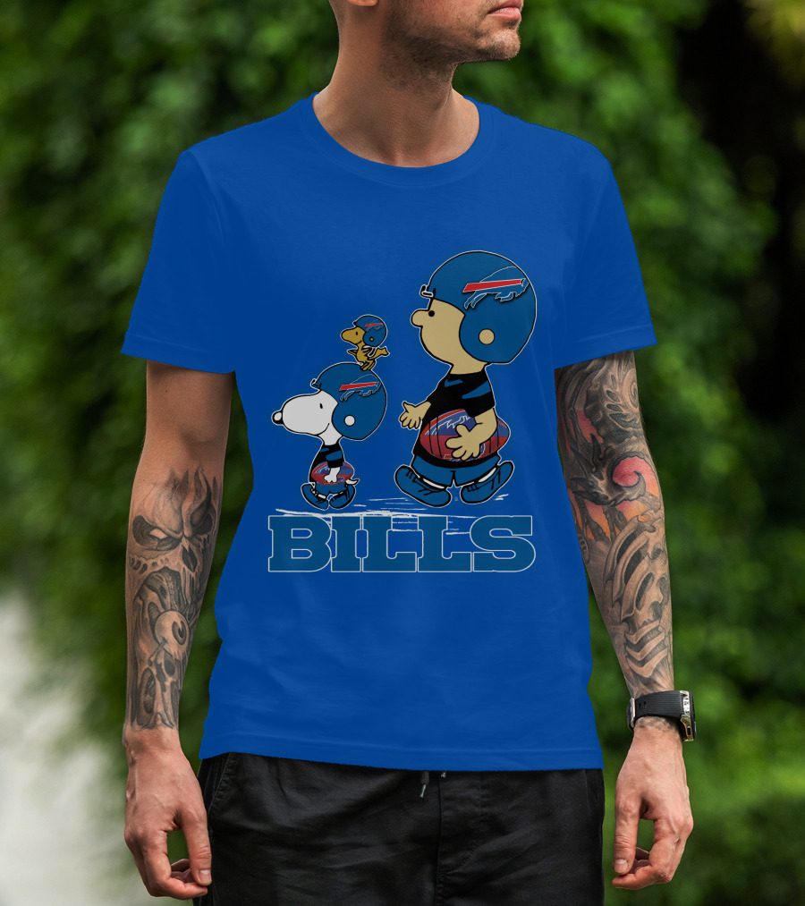 Snpfootball Buffalo Bills Snoopy Woodstock Peanuts Characters With Helmets Football T-Shirt
