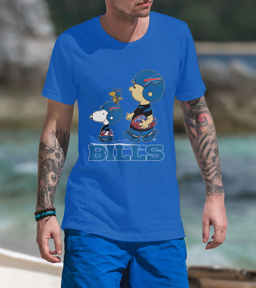 Snpfootball Buffalo Bills Snoopy Woodstock Peanuts Characters With Helmets Football T-Shirt