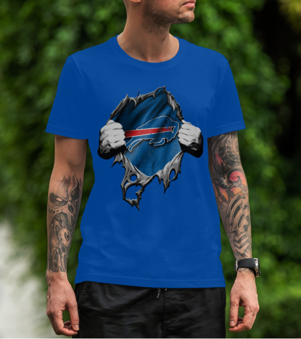 Torn Buffalo Bills Ripped Logo Hands Blue Background T-Shirt