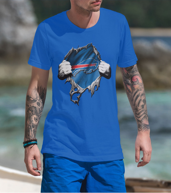 Torn Buffalo Bills Ripped Logo Hands Blue Background T-Shirt