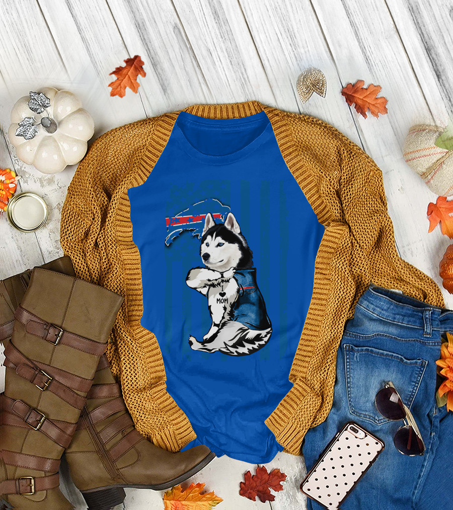 Siberian Husky Wearing Blue Buffalo Bills Vest with Heart Mom Tattoo and Flag T-Shirt
