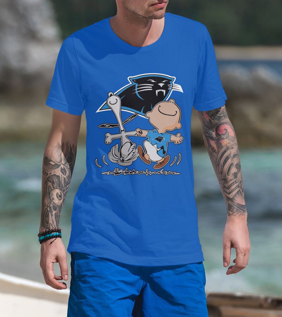 Carolina Panthers 27 Dance With Cartoon Dog And Boy Football Team T-Shirt