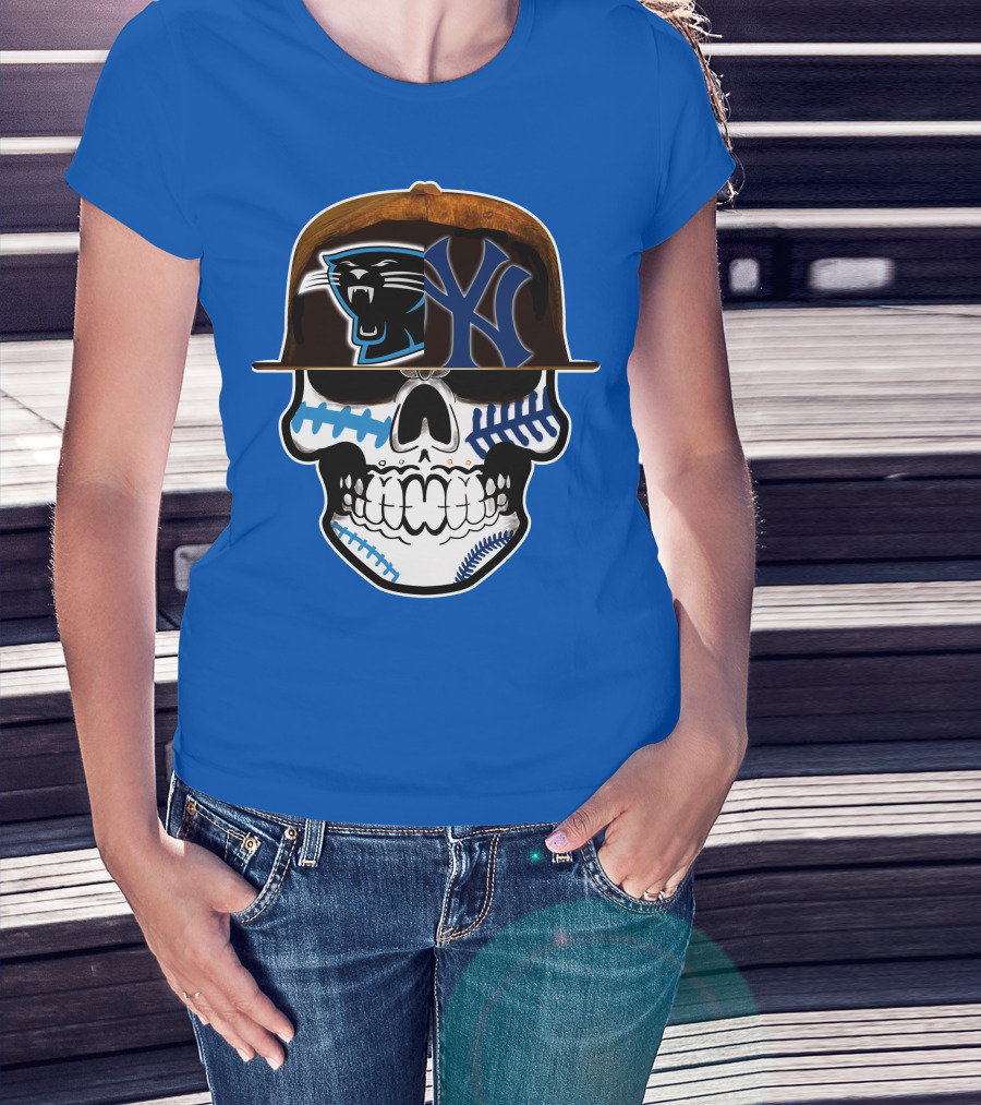 Carolina Panthers New York Yankees Skull Hat T-Shirt