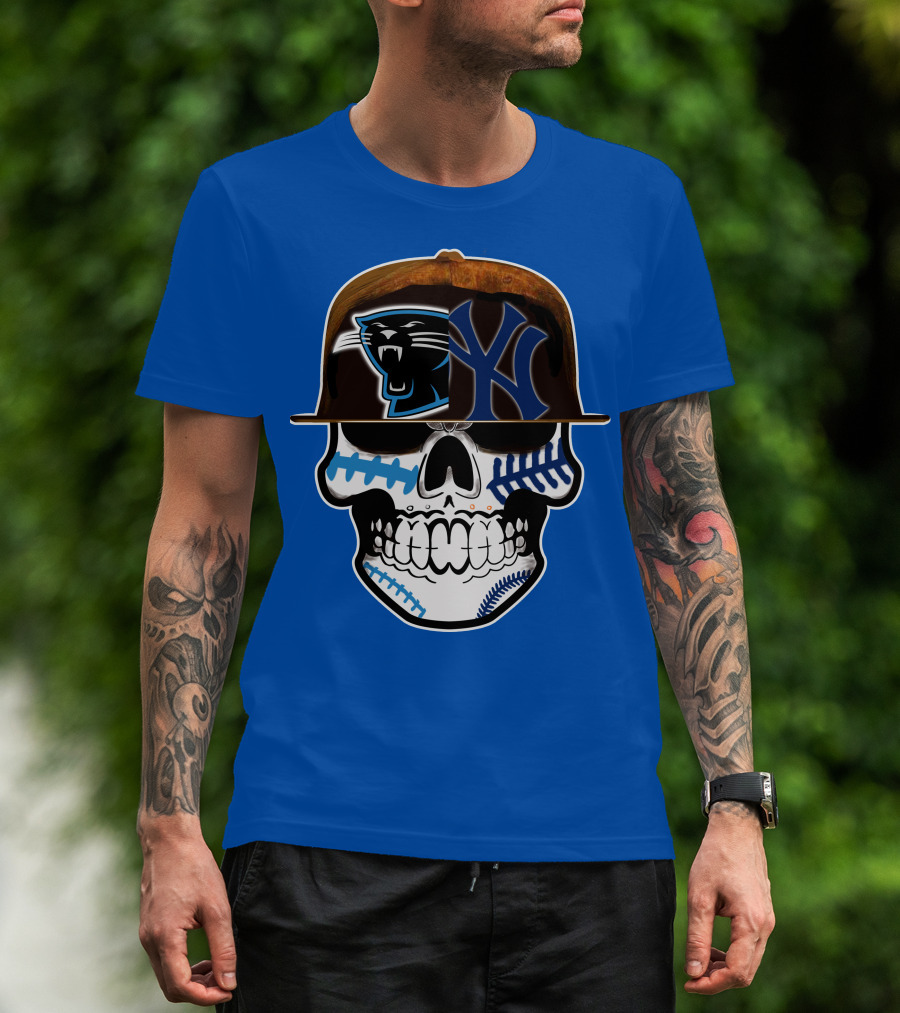 Carolina Panthers New York Yankees Skull Hat T-Shirt